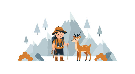 A young scout with a backpack and binoculars stands beside a friendly deer in a serene mountainous landscape filled with snowy trees and bushes. © Syifa