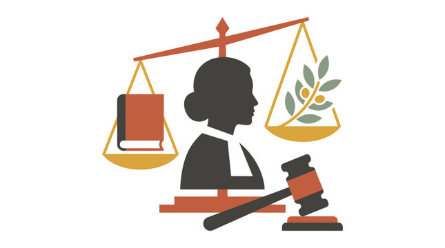 Silhouette of female judge with scale of justice holding law book and olive branch next to gavel on white background, symbolizing legal counseling and judicial system advocacy