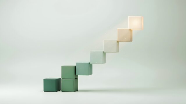 Ascending staircase of forest green and cream cubes &ndash; Perfect for sustainable business growth, eco friendly investments, or career milestones.