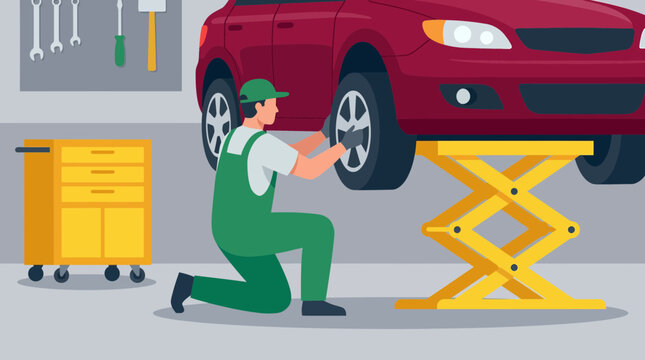 Male professional mechanic in green overalls changing a red car wheel on a lift inside a garage, representing high quality automotive repair service and vehicle maintenance advertising