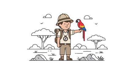 A young explorer in a khaki safari outfit stands in a savannah landscape with a colorful parrot perched on his arm and a backpack on his back. © Syifa