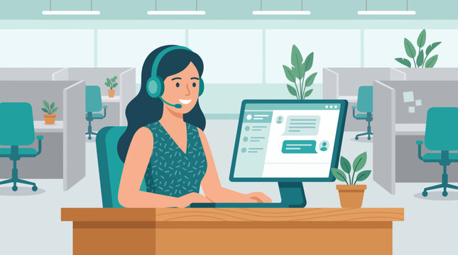 Smiling female call center agent wearing headset working on computer at her office desk, representing professional customer support service and online business telemarketing assistance