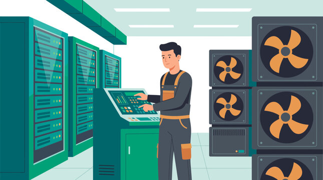 Professional technician in uniform operating control console in modern data center server room with cooling fans, representing database management and cloud network maintenance
