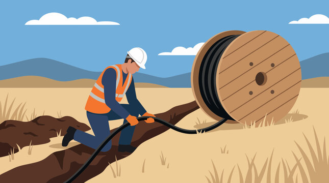 technician in safety vest laying underground fiber optic cable from wooden spool in outdoor trench, illustrating high speed internet connection and telecom infrastructure