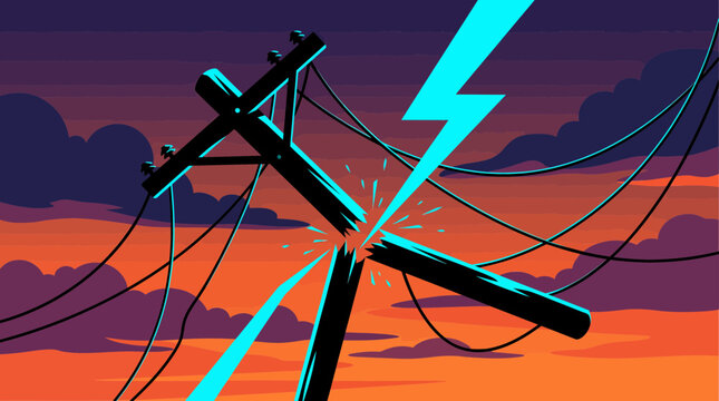 Vector illustration of a broken wooden utility pole struck by a bright cyan lightning bolt against a dramatic storm sunset sky, representing power outage concepts and infrastructure failure emergency