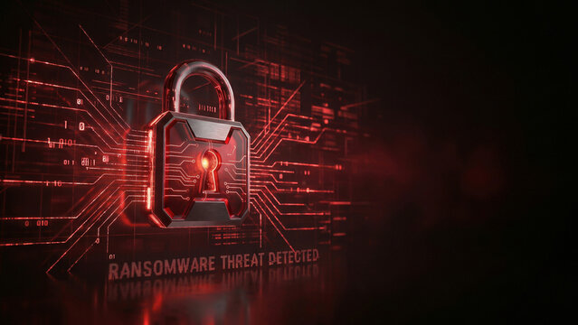 Glowing red padlock cinematic vision of cybersecurity transformation achievement protecting digital innovation against ransomware threat Perfect for advertising presentation and background designs