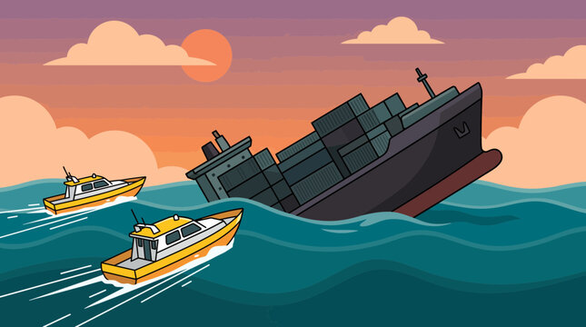Large cargo container ship sinking in rough ocean waves under sunset sky with two yellow rescue boats approaching, representing maritime emergency response and disaster management