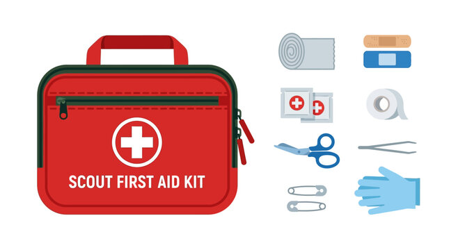 International Scout Day first aid kit contents illustration on a flat surface