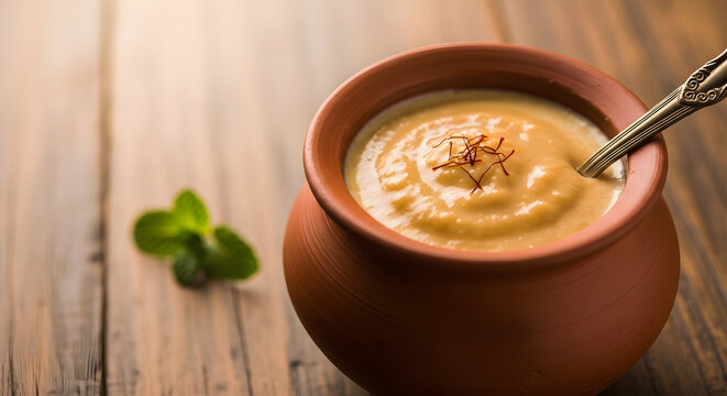 Shrikhand served in a clay pot sits on a rustic wooden table with a silver spoon.