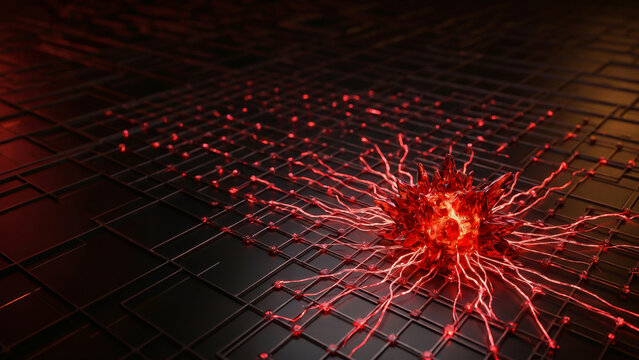 Cinematic glowing red virus pathogen on circuit grid network showing cybersecurity threat warning vision innovation transformation Perfect for advertising presentation and background designs