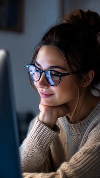 Young woman midsequence studying at desk with glasses reflecting computer screen in cozy home