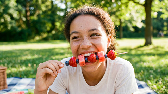 Summer fresh fruit healthy eating teenager enjoying fruit skewer at outdoor picnic with happy smile for food nutrition lifestyle website promotion design