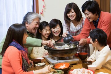 Fototapeta premium Family Togetherness and Tradition at a Japanese Dinner Table