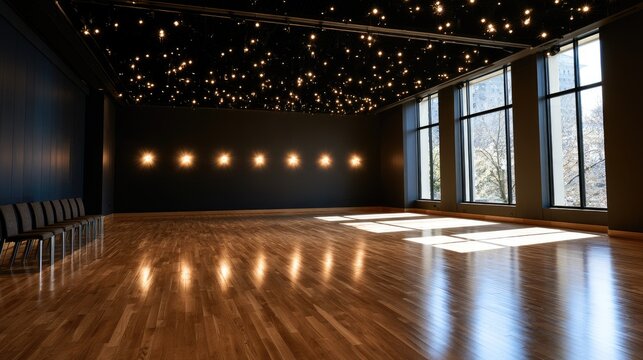 Spacious, sunlit studio with polished wood floor, warm ceiling lights, and large windows