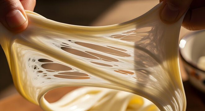 Hands pull apart a piece of stretchy melted mozzarella cheese.