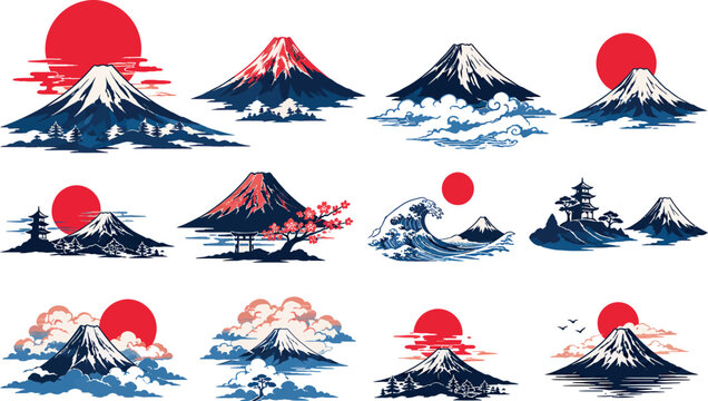 Traditional Japanese Mount Fuji Vector Illustration Set Featuring Rising Sun, Great Wave, Pagoda, Torii Gate, and Cherry Blossoms in Ukiyo-e Style Icons for Travel and Graphic Design