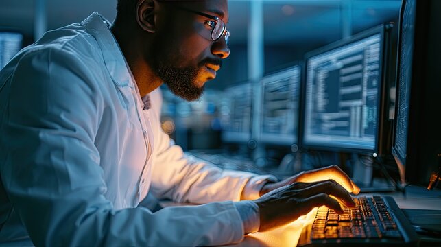 Man in lab coat intently types code on illuminated keyboard, computer screens glow