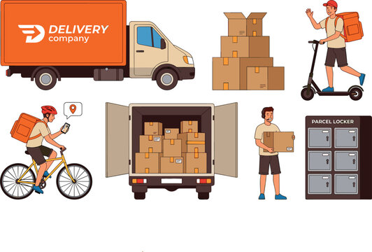 Logistics and delivery service set with cargo truck couriers bicycle electric scooter locker and cardboard boxes vector illustration