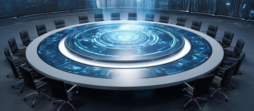 futuristic conference room with circular table display