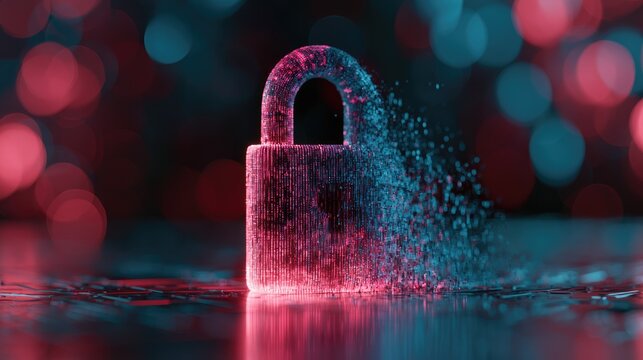 Digital padlock dissolving into particles, abstract cybersecurity concept
