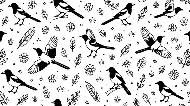 Black and white magpie bird pattern design.