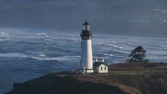 Aerial view of Yaquina Head Lighthouse in Newport, Oregan USA
