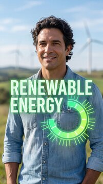 Middle-aged Latino man smiling outdoors at wind farm promoting renewable energy sustainability