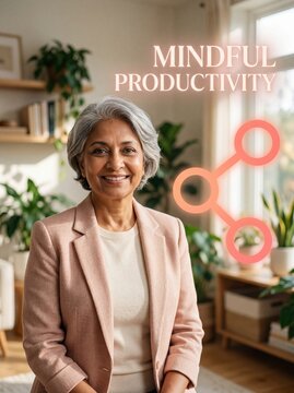 Smiling mature south asian woman standing at home with mindful productivity share icon concept