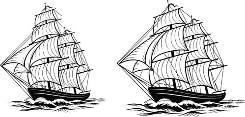 Vintage sailing ships, nautical icons, black and white illustrations, vector graphics © KABIR678