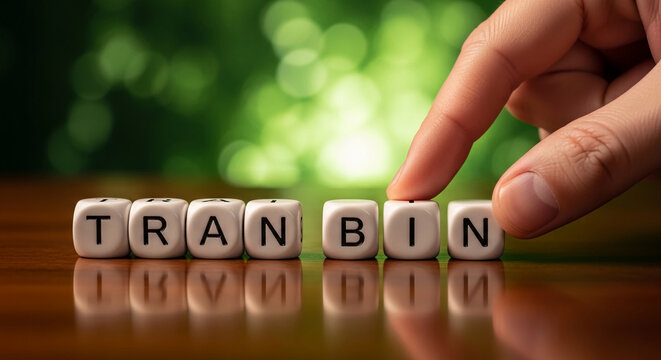 White letter dice spelling "TRANBIN", with a finger touching one die, set against a green bokeh background, symbolizing word formation or information.