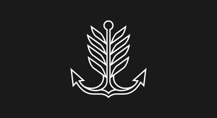 Minimalist white line art anchor with leaves on dark background © Roy