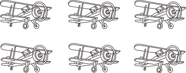 Vintage biplane icons, airplane illustrations, black and white, line art, 6 aircraft graphics © KABIR678
