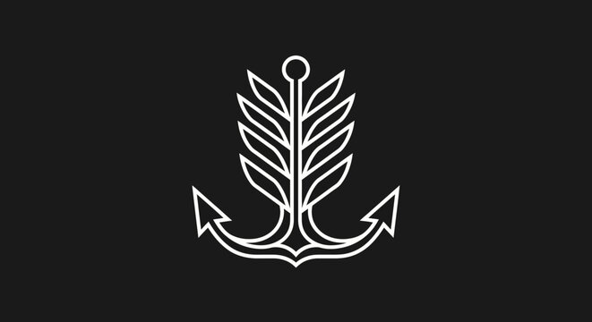 Minimalist white line art anchor with leaves on dark background