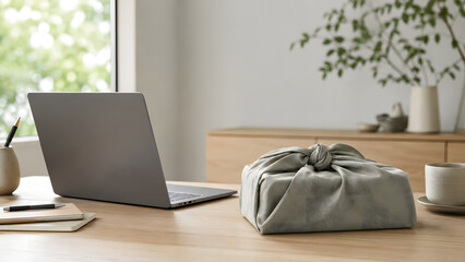 Fototapeta premium Minimal remote work scene with laptop and sustainable furoshiki wrap