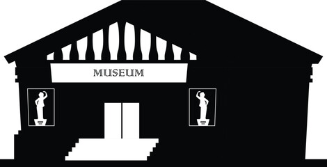 Naklejka premium Museum building vector black silhouette, cartoon historical architecture construction with signboard, statue and columns