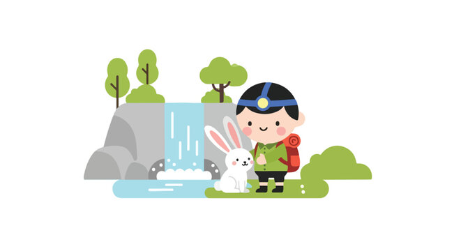 An adorable young hiker with a backpack and headlamp encounters a friendly white bunny near a peaceful waterfall in a lush green forest.