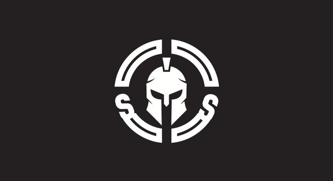 Minimalist white spartan helmet logo on black background