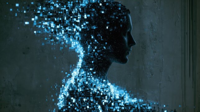 Digital silhouette dissolving into glowing blue pixels on a textured background