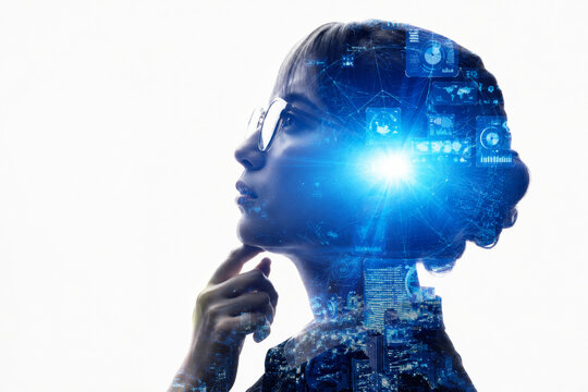 Artificial intelligence technology innovation woman digital futuristic thinking double exposure