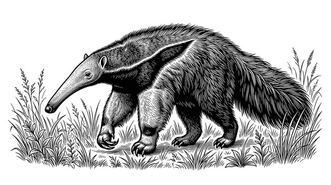 Giant anteater walking in grass.