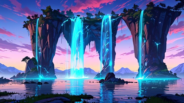 A breathtaking view of majestic waterfalls cascading from vibrant rock formations into a serene lake, illuminated by a stunning sunset. Nature's beauty captured in vivid colors.
