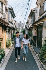 Obraz premium Japanese Couple Looking for Apartment in Residential Area