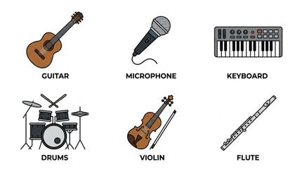 Naklejka premium Musical Instruments Colorful Icon Collection With Text Labels Vector Illustration