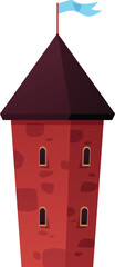 Naklejka premium Medieval castle tower with blue waving flag, vector cartoon mansion, vintage fortress castle, ancient stone palace