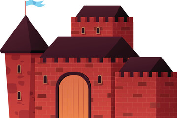 Naklejka premium Medieval castle with towers and blue waving flag, vector cartoon mansion, vintage fortress castle, ancient stone palace