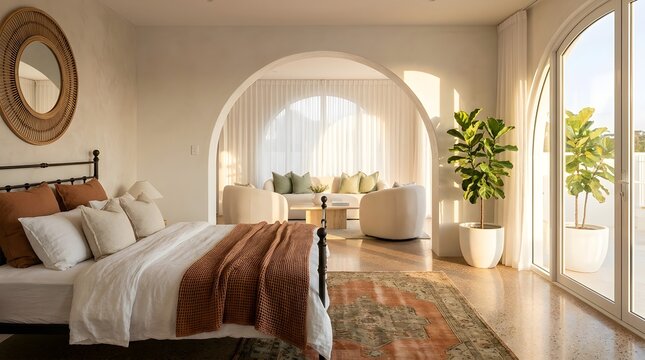 Warm sunlit Mediterranean bedroom interior featuring architectural archway leading to a cozy lounge. Concept for real estate, home decor inspiration, and boutique hotel or vacation rental marketing.