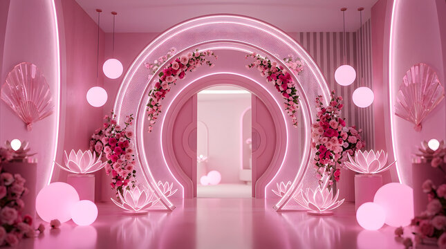 Elegant pink wedding archway with glowing neon lights and floral decorations in a modern luxurious hall for romantic event photography backdrop setup