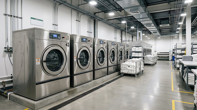 Commercial Laundry Facility with Industrial Washing Machines and Clean Linen Stacks for Textile Processing and Business Operations