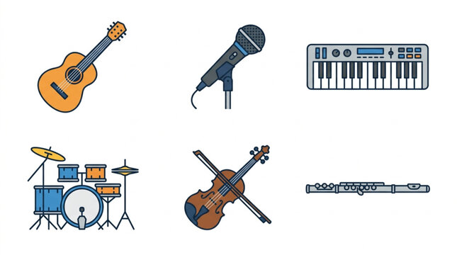 Colorful Flat Vector Musical Instruments And Recording Studio Audio Gear Icon Set