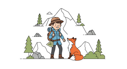 A cheerful young hiker with a backpack and map stands next to a friendly fox amidst a scenic mountain landscape with pine trees. © Syifa